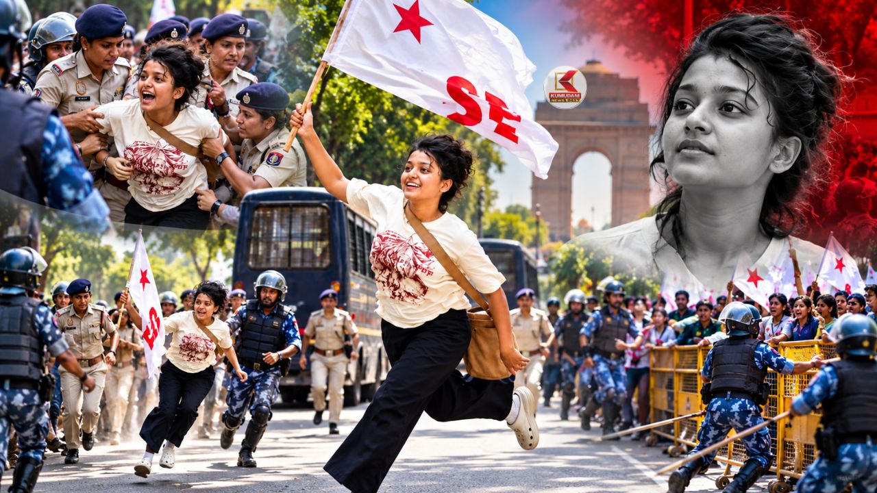 SFI கொடியுடன் ஓடிய பெண்! SIR போராட்டத்தில் வைரலான 20 வயது கேரள மாணவி! 