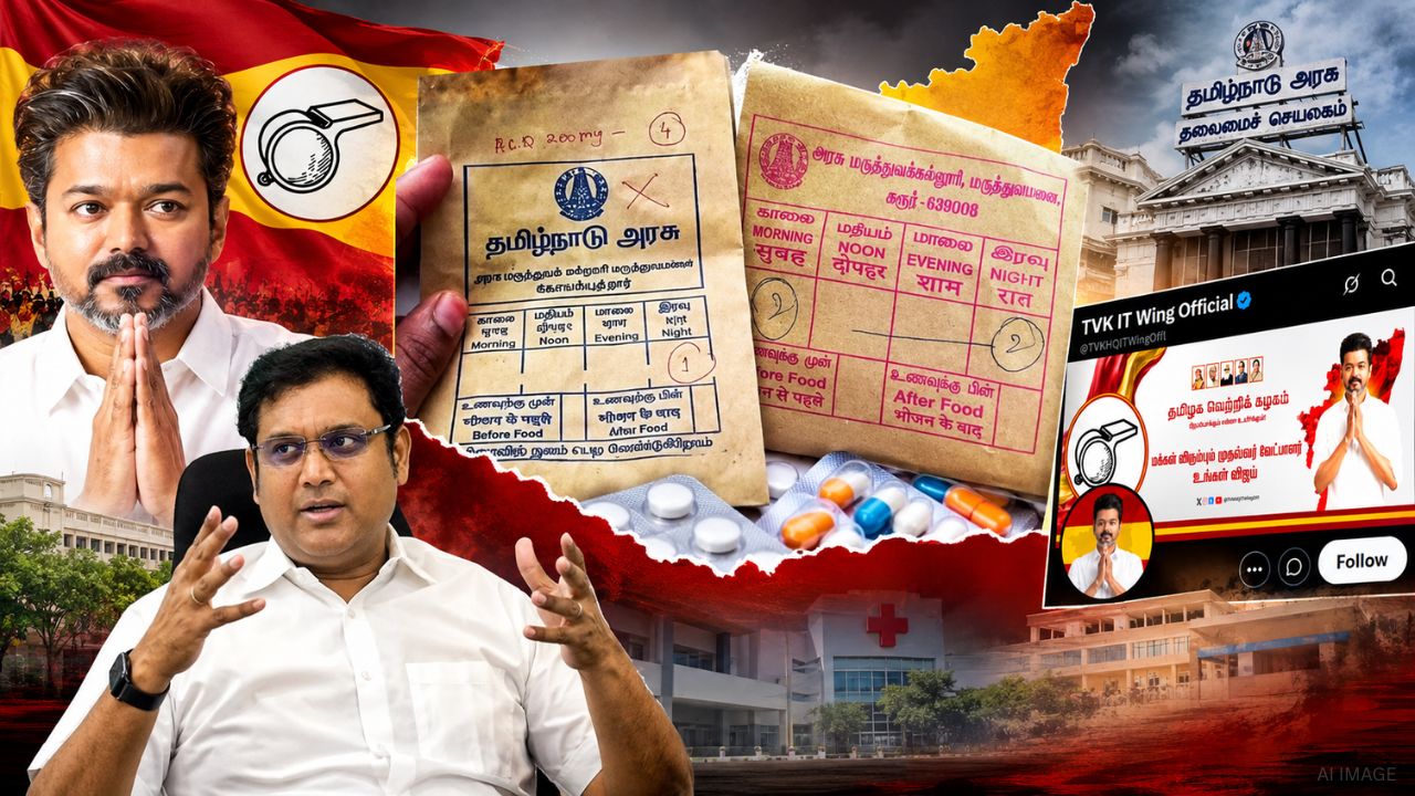 அரசின் மாத்திரை கவரில் இந்தி ! டி.ஆர்.பி. ராஜா பதிவுக்கு தவெக ஐடி விங் பதிலடி !